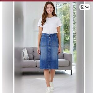 Loft Button-Front Denim Midi Skirt